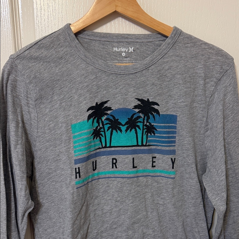 Hurley Gray Short Sleeve Tee with Blue and Green Palm Design